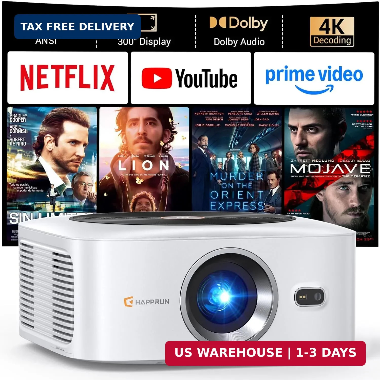 HAPPRUN 1500 ANSI Lumens Outdoor Projector with Built-in Streaming Apps, 4K Deco