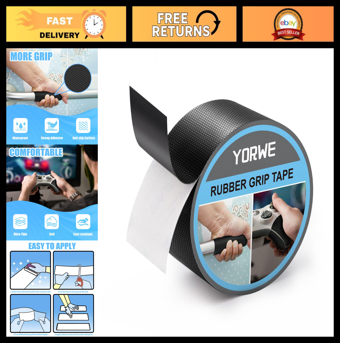 Ultra-Thin Rubber Grip Tape - Strong Adhesive, Anti-Slip, Waterproof, 2" x 10'