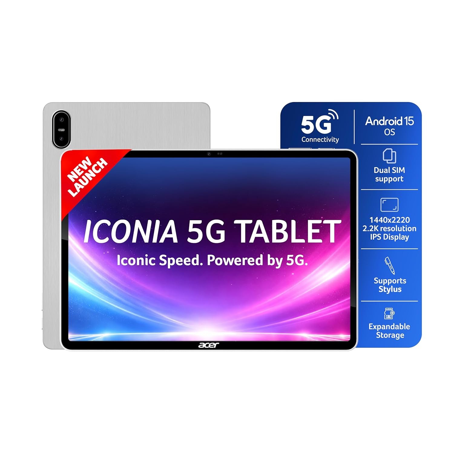 Acer Iconia 5G Tablet (MediaTek 8791 Processor)8GB RAM + 128GB Storage,Silver.