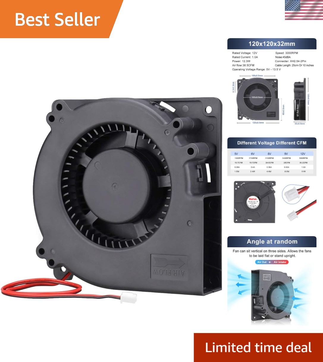 Compact 12V DC Brushless Blower Fan 120mm x 32mm for Radiators & Electronics
