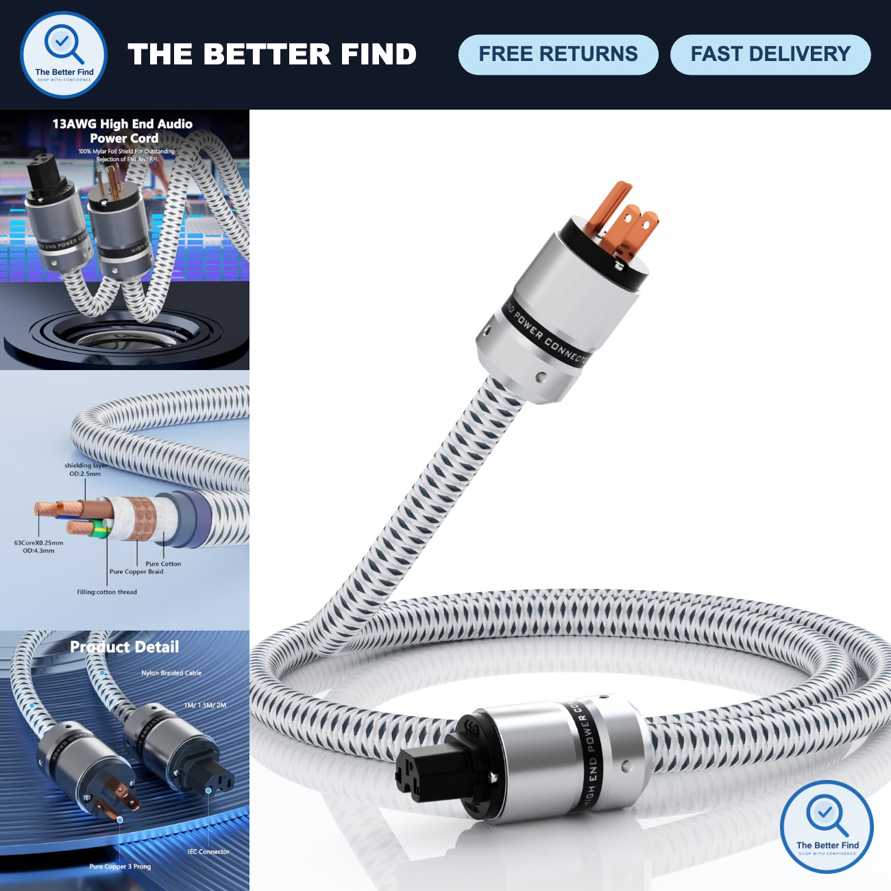 12AWG HiFi Audio Power Cord, Pure Copper IEC320 C13 Connector, 1.5M Length