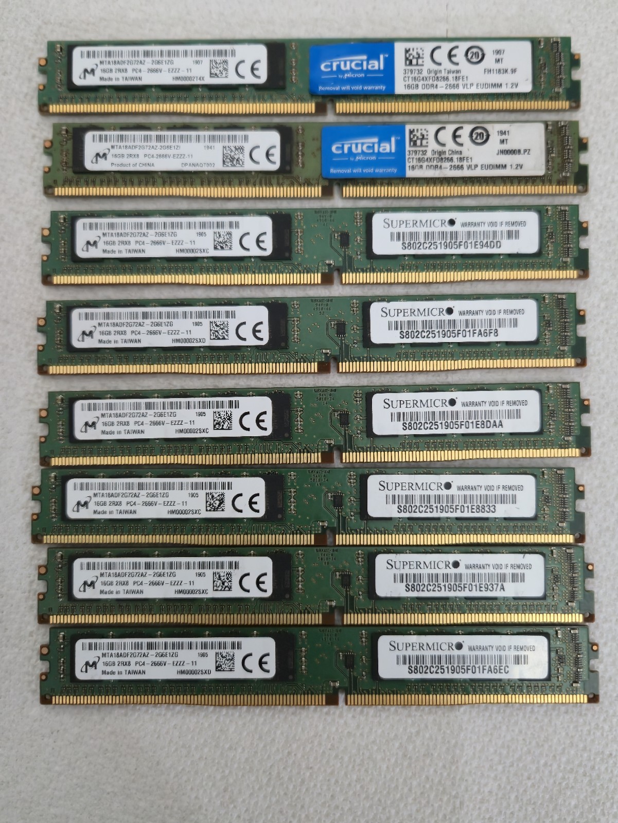 Lot of 8 Micron 16GB 2Rx8 PC4-2666V-EZZZ-11 EUDIMMS. May have minor scratches.