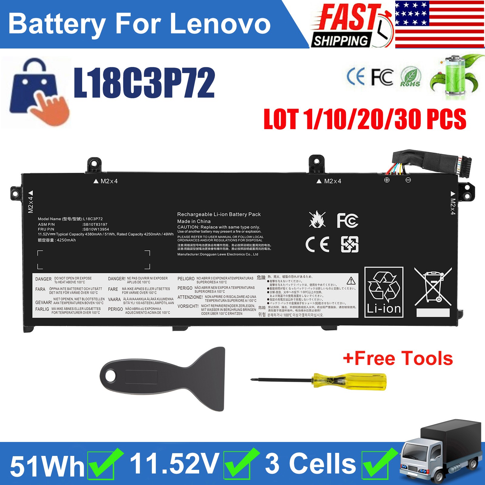 ✅LOT 1-30 L18C3P72 Battery 51Wh For Lenovo ThinkPad T490 T14 L18L3P73 SB10T83197