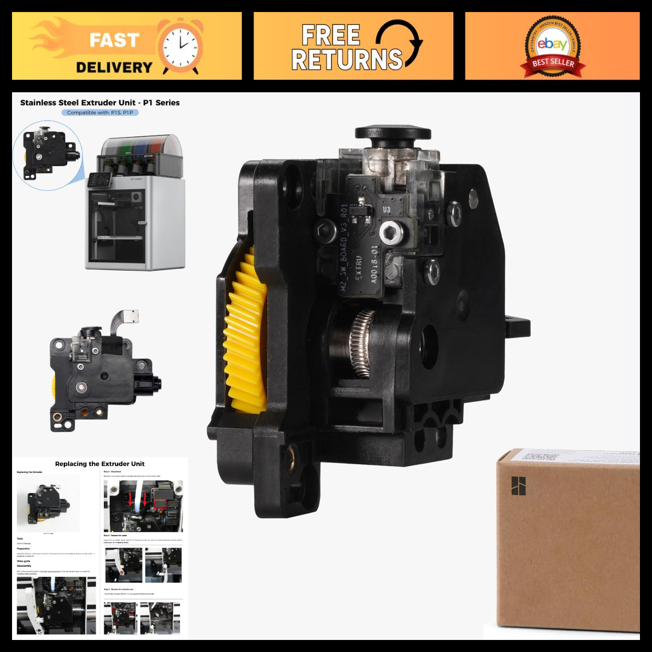 High-Performance Extruder Unit for 3D Printers, Stainless Steel Dual Gears