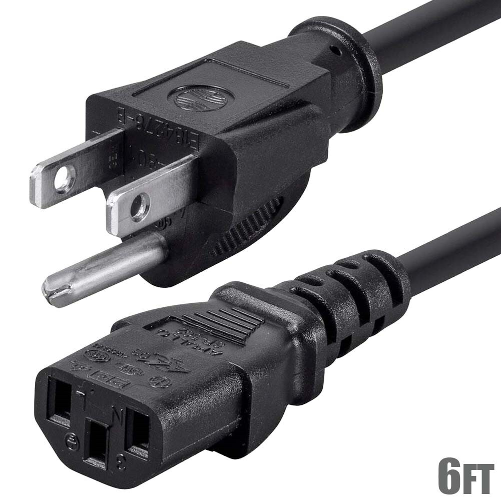 6FT 14AWG 3-Conductor NEMA 5-15P Male to IEC320 C13 Female PC Power Cord Cable
