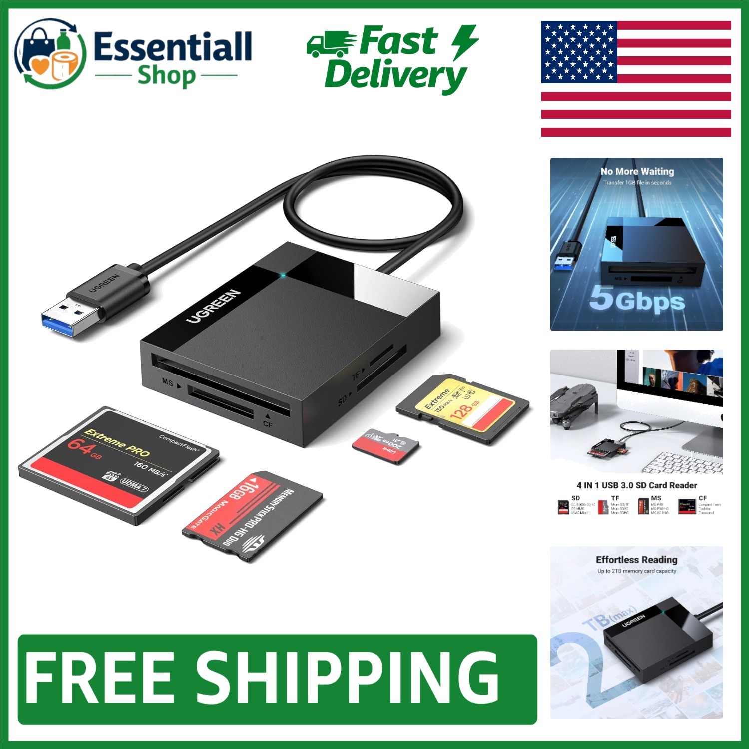 Black USB 3.0 Card Hub: Read 4 Cards Simultaneously—Perfect for Professionals