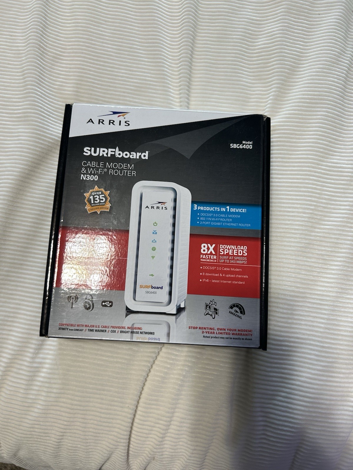 ARRIS 3.0 Cable Modem SURFboard SBG6400 8x4 DOCSIS / N300 Wi-Fi Router White NIB