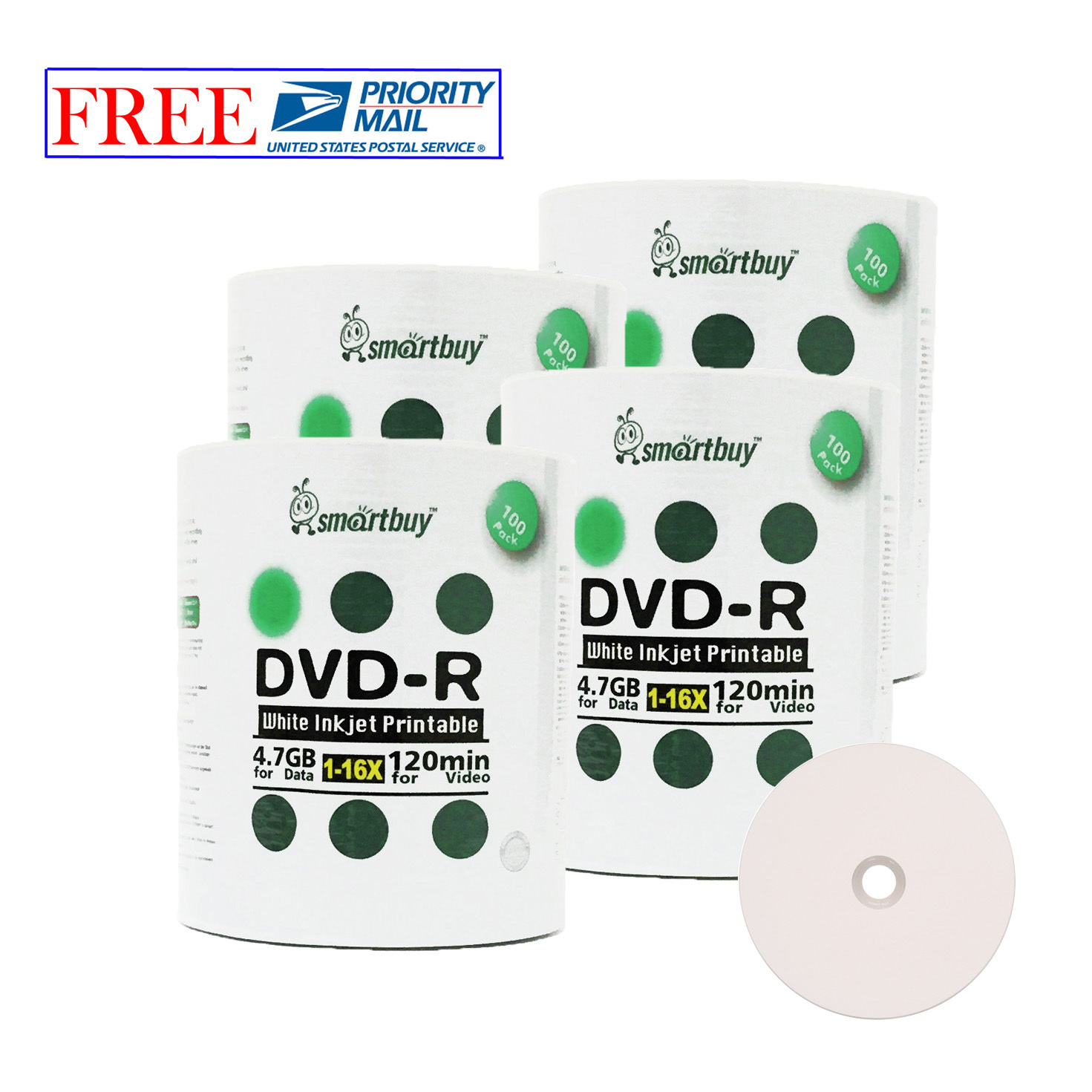 400 pcs SmartBuy White Inkjet Hub Printable DVD-R DVDR 16X 4.7GB Recordable Disc