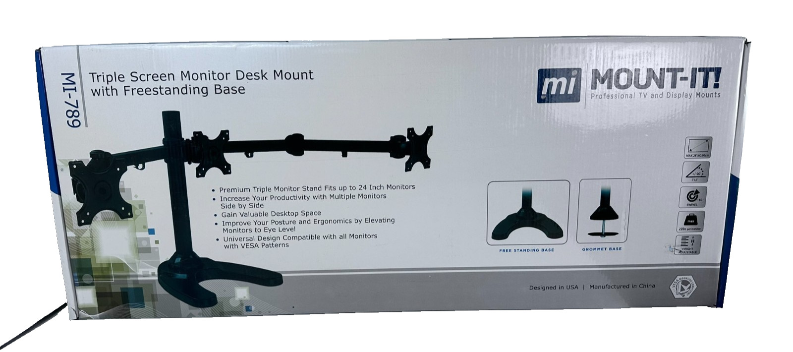 Mount-It MI-789 Triple Monitor Stand Desk Mount 24 Inch VESA Heavy Duty New Seal