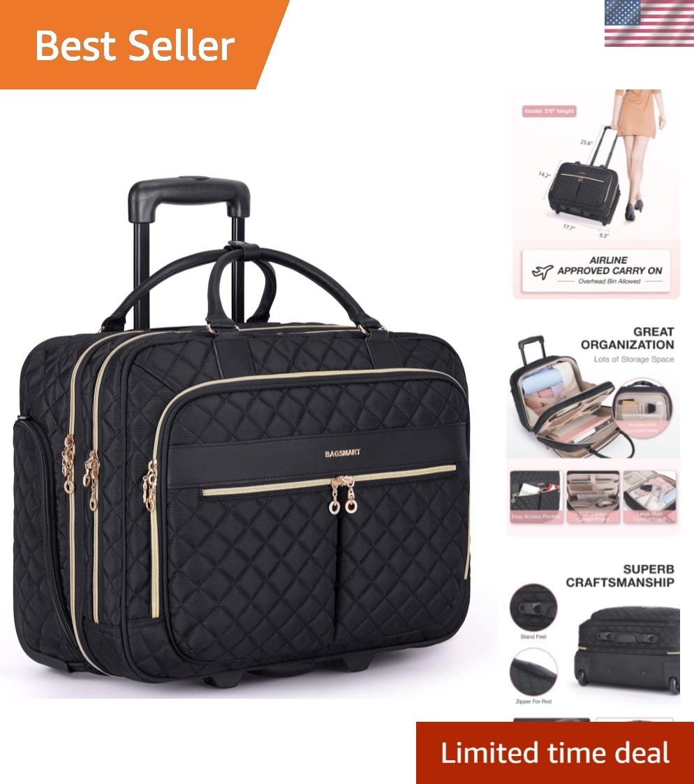Elegant Rolling Laptop Bag for Women - 17.3-Inch Quilted Briefcase on Wheels