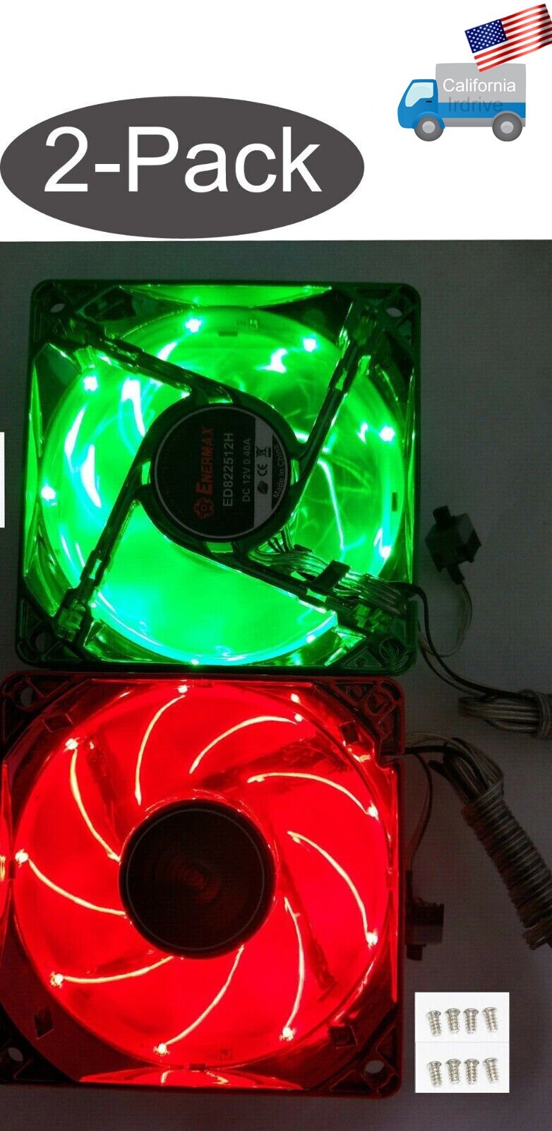2-Pack: Enermax 80mm x 25mm Green/Red LED Smart Case Fan 3pin + Thermal Control