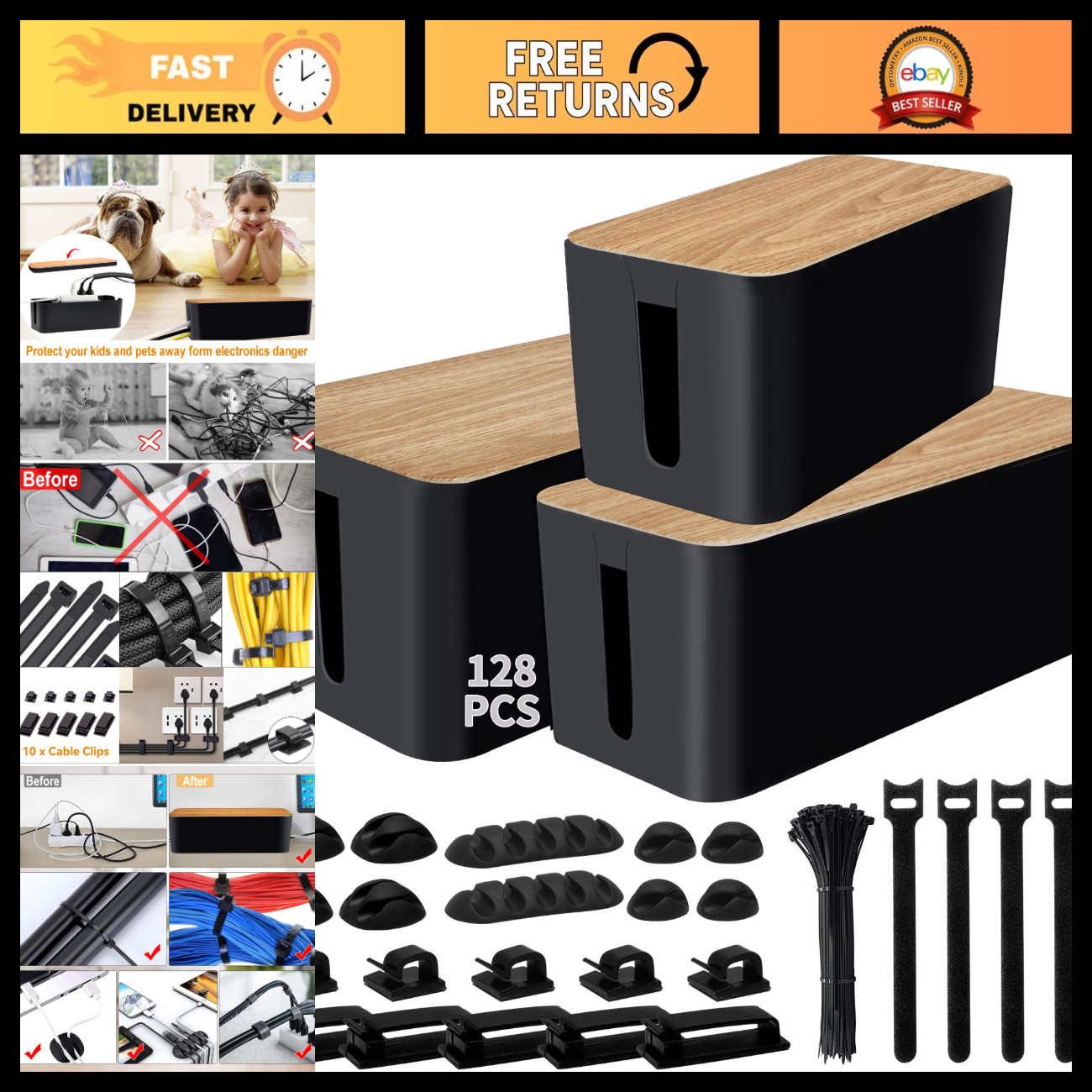 128PCS Cable Management Kit - 3 Pack Wire Organizer Box, Cord Hider for Home & O
