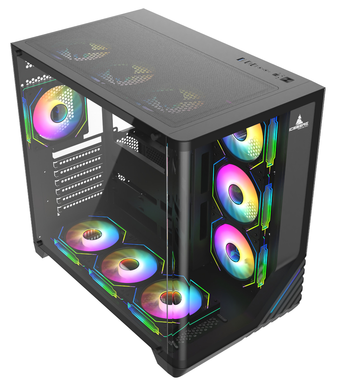 Iceberg Gaming PC Case Crystal Wave L with Curved Tempered Glass and seven fans
