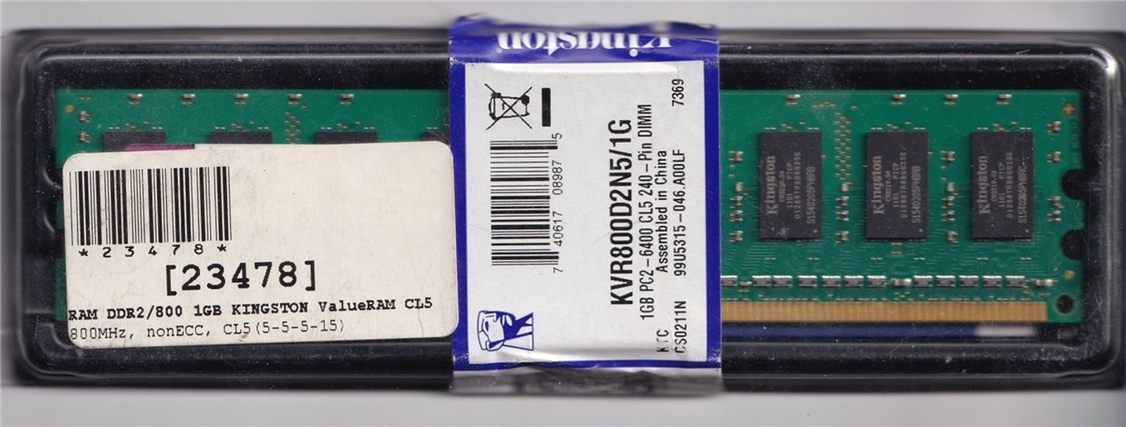 Kingston, 1GB, Model: KVR800D2N5/1G, PC2-6400 CL5 240-Pin Dimm