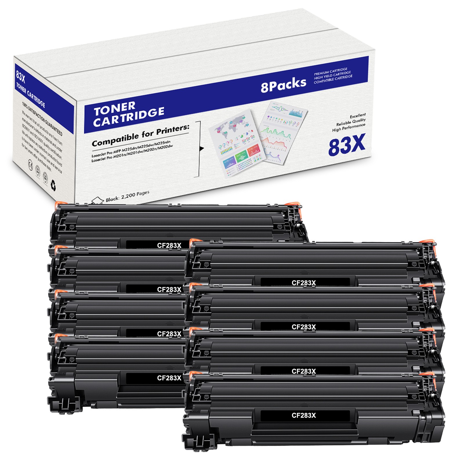 8x Black CF283X Toner Cartridge For HP 83X LaserJet Pro M201dw M202dw MFP M225dw