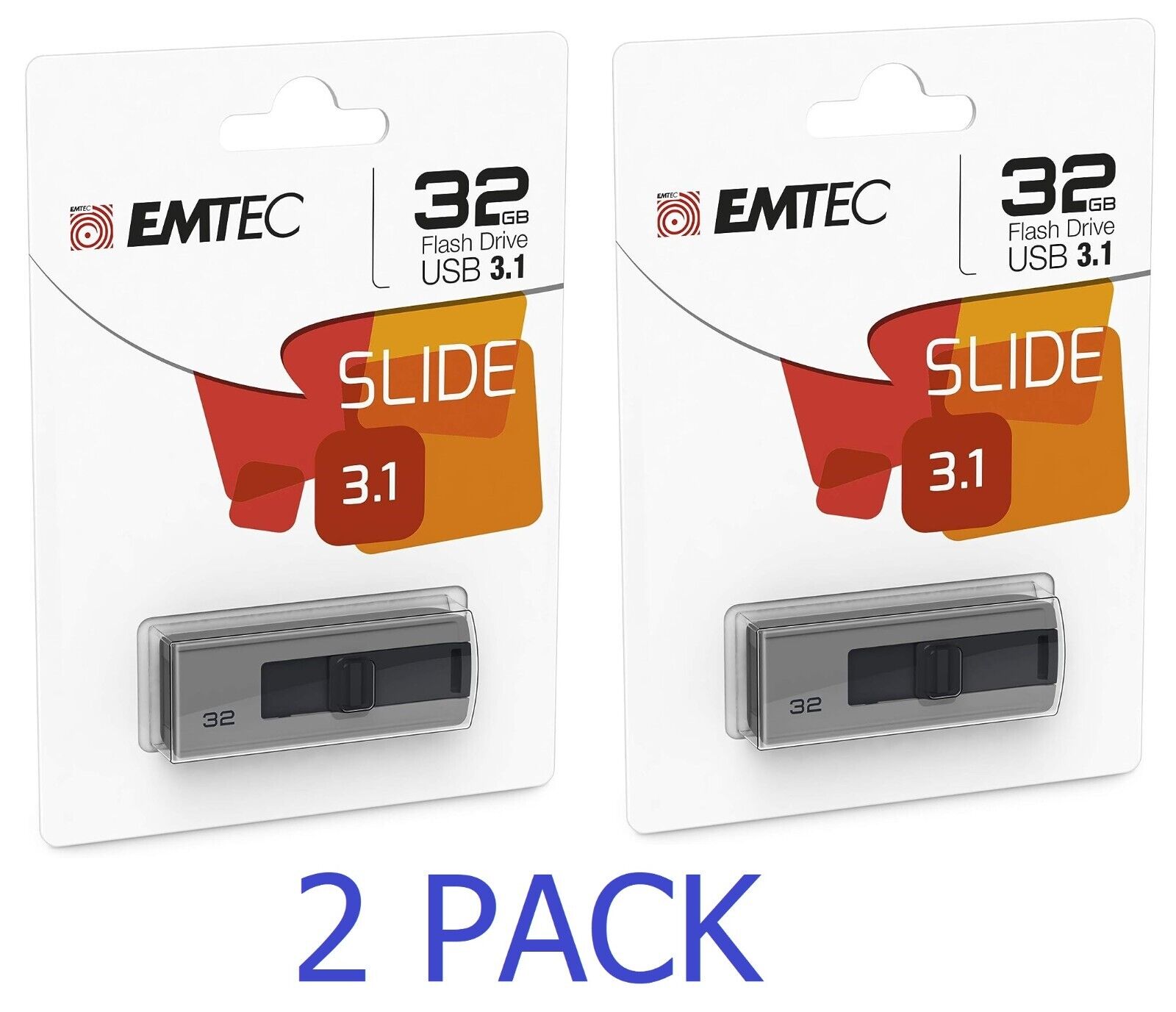 2 PACK Emtec 32GB Slide Flash Drive - USB 3.1 - Gray (ECMMD32GB253) - NEW™
