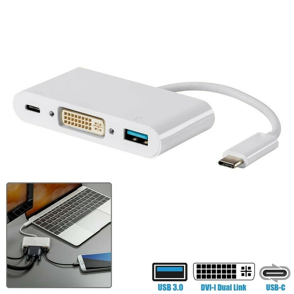 USB-C Male to DVI-I Dual Link + USB-A 3.0 & Type C Female Adapter Converter
