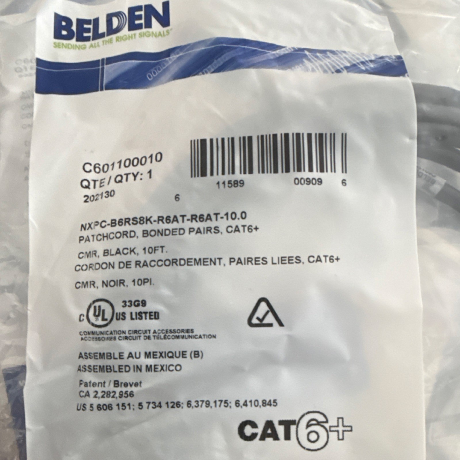 Belden Cat 6+ Ethernet Patch Cable RJ-45 Round Black 10ft C601100010