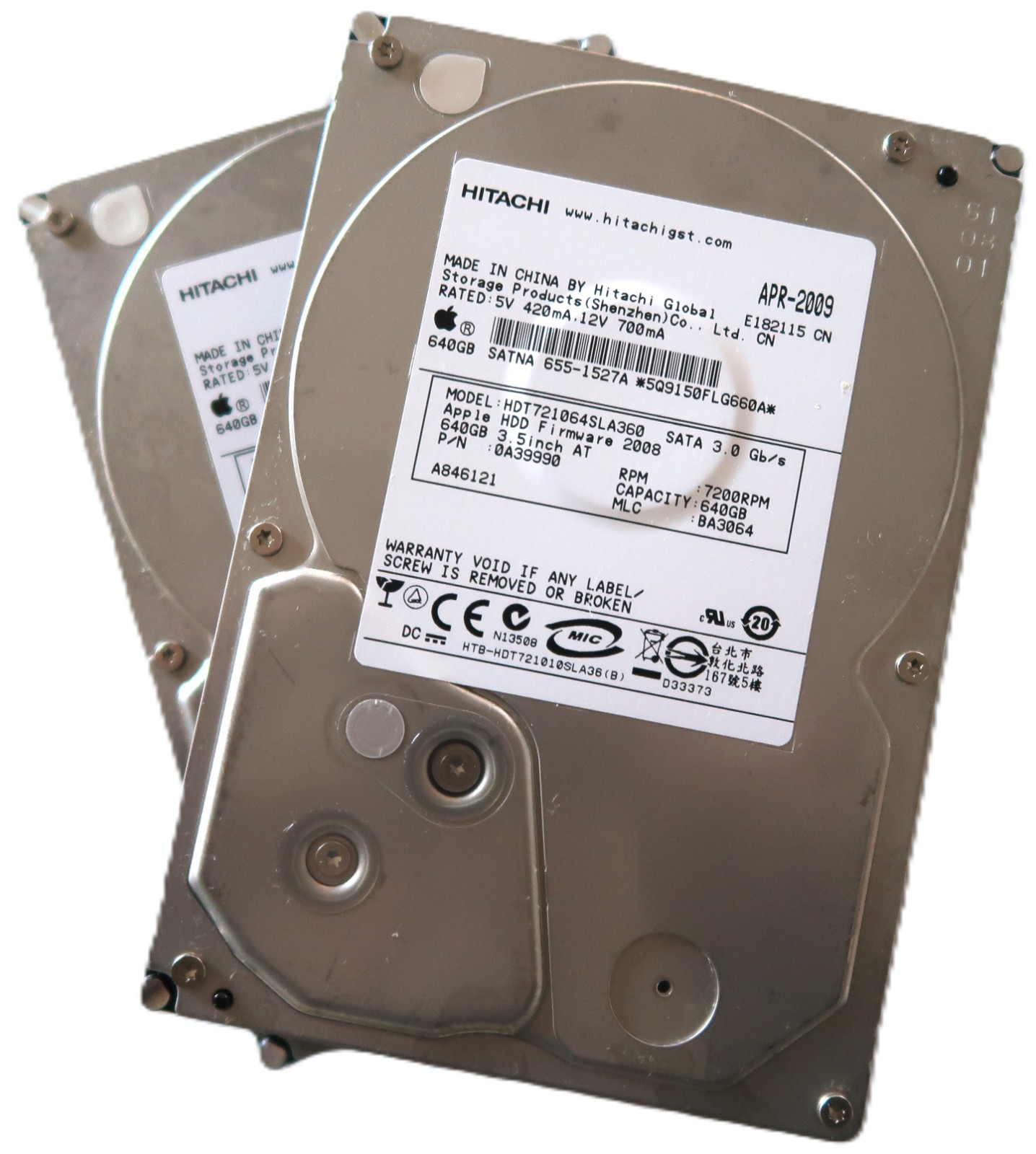 Lot of 2 Hitachi HDT721064SLA360 7200rpm 16MB 3Gbs 655-1527A 3.5" 640gb Sata HDD