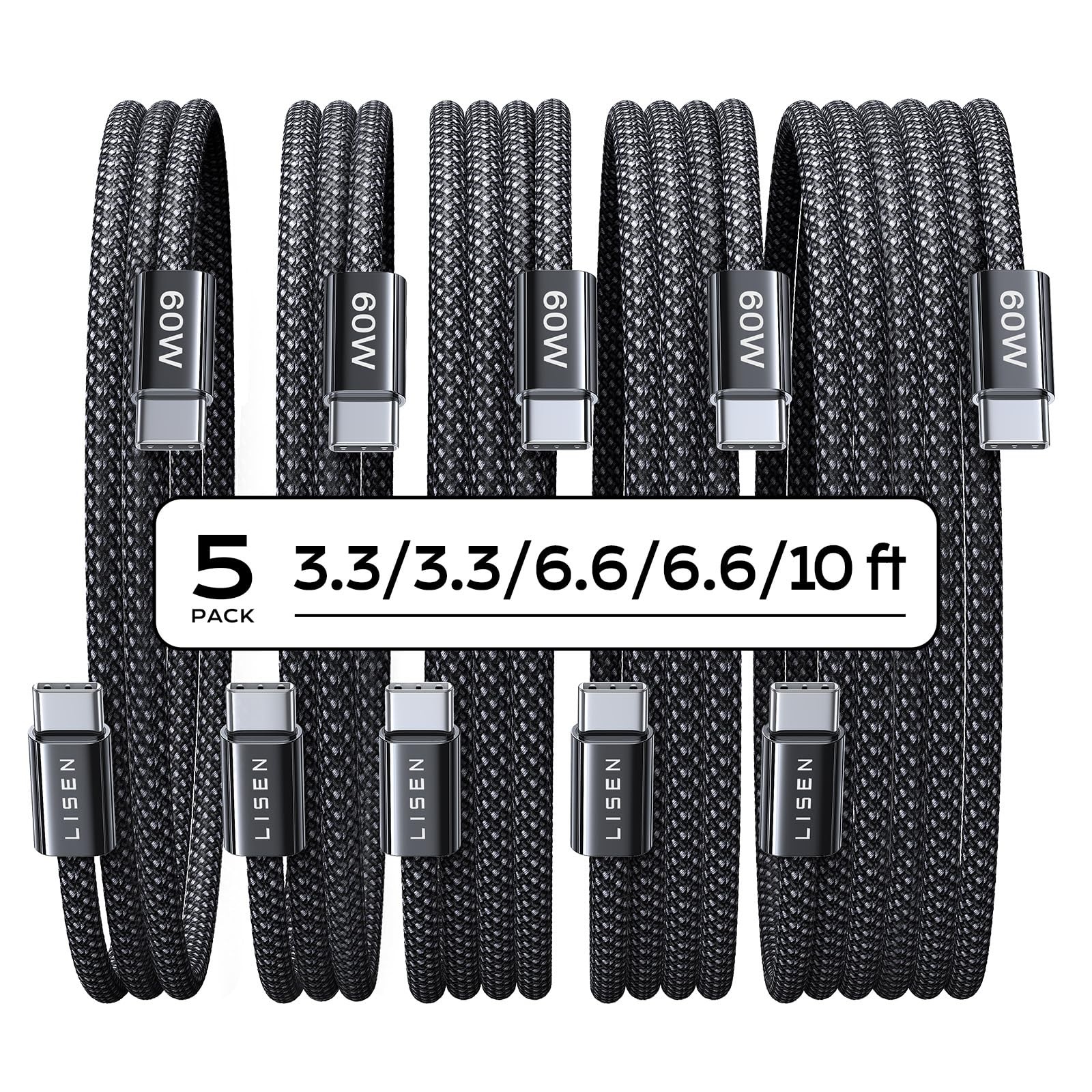 LISEN USB C to C Cable, 5-Pack 3.3+3.3+6.6+6.6+10FT, Black