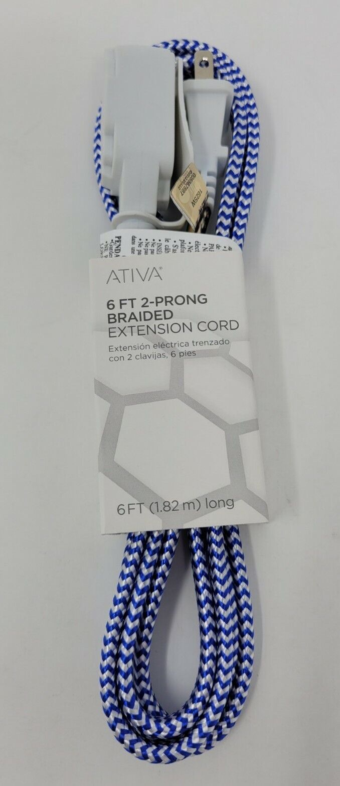 Braided Extension Cord Blue White Ativa 6\' 2-Prong 3-Port Brand New