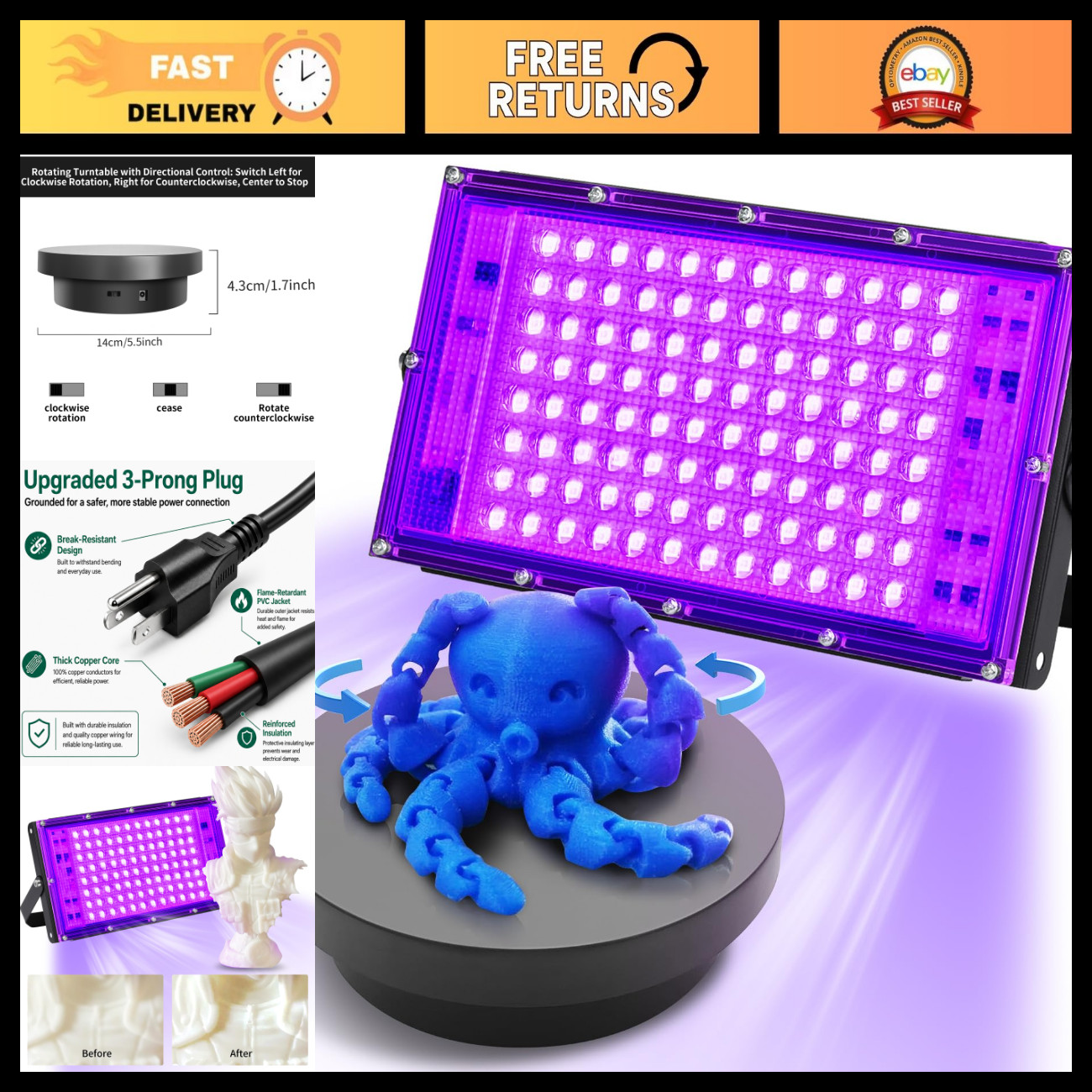 100W UV Resin Curing Light Kit, 360° Rotating Turntable, 405nm LED, Adjustable S