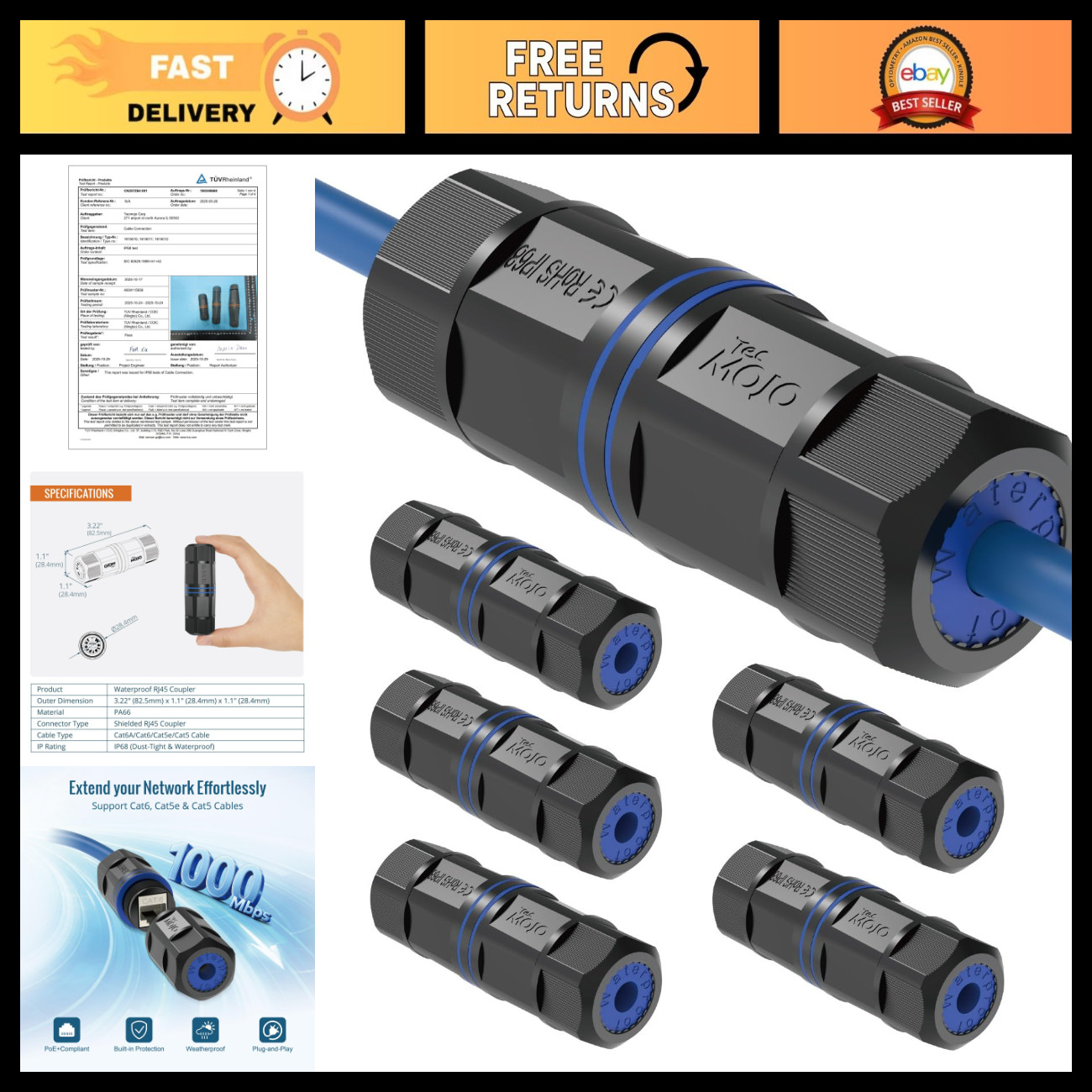 Waterproof Cat6 Coupler - IP68 Outdoor Ethernet Connector for CAT6/CAT5E, 6 Pack