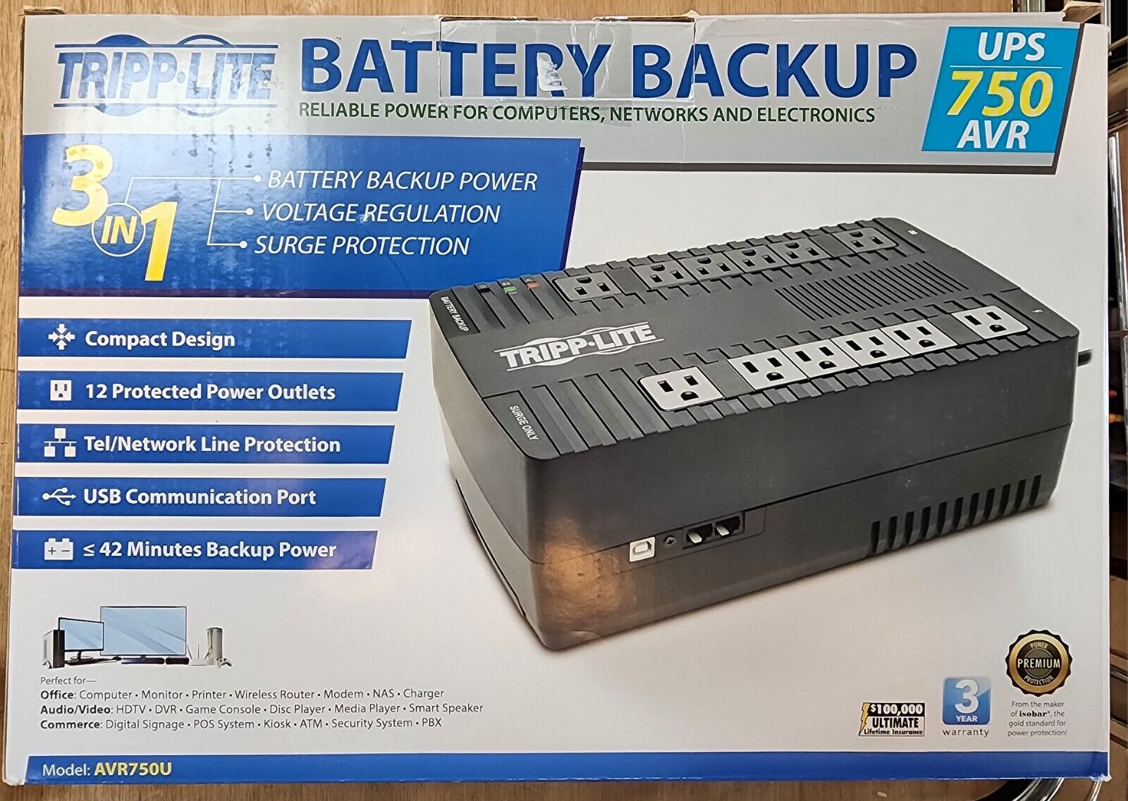 Tripp Lite Battery UPS Backup Model AVR750U