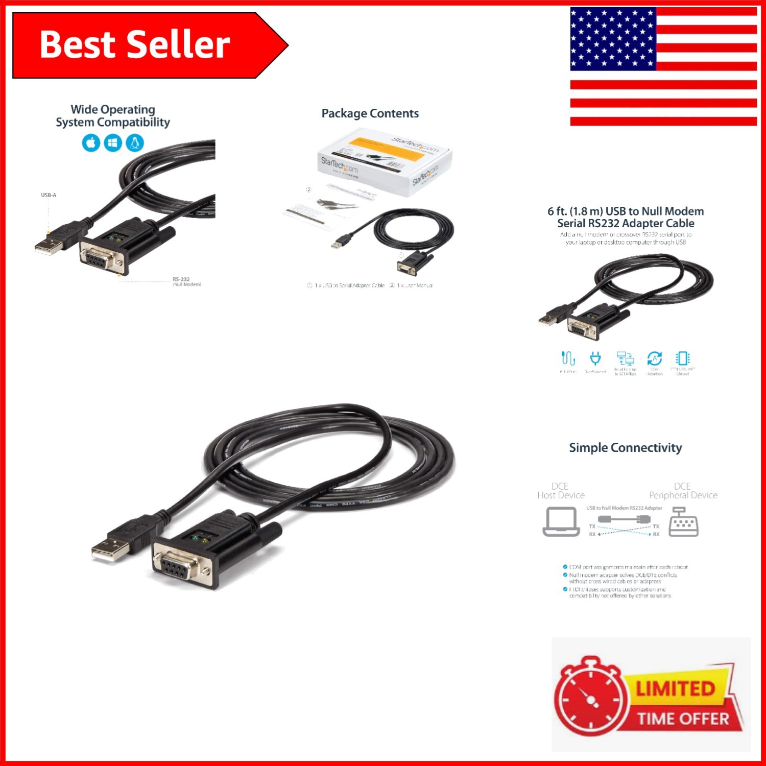 Reliable 6ft USB to Serial Adapter, Null Modem for Legacy Device Connection