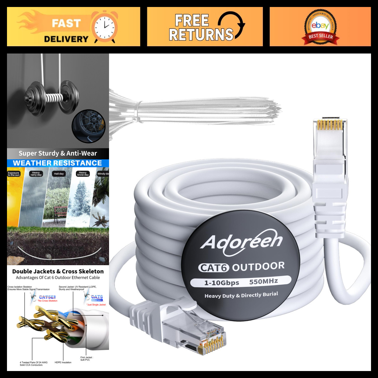 High-Speed 50ft Cat 6 Outdoor Ethernet Cable - Heavy Duty, Waterproof, Direct Bu