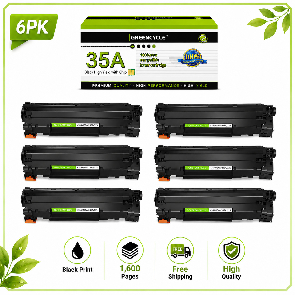 6PCS Compatible Toner Cartridge CB435A 35A For HP LaserJet P1002 P1003 P1009