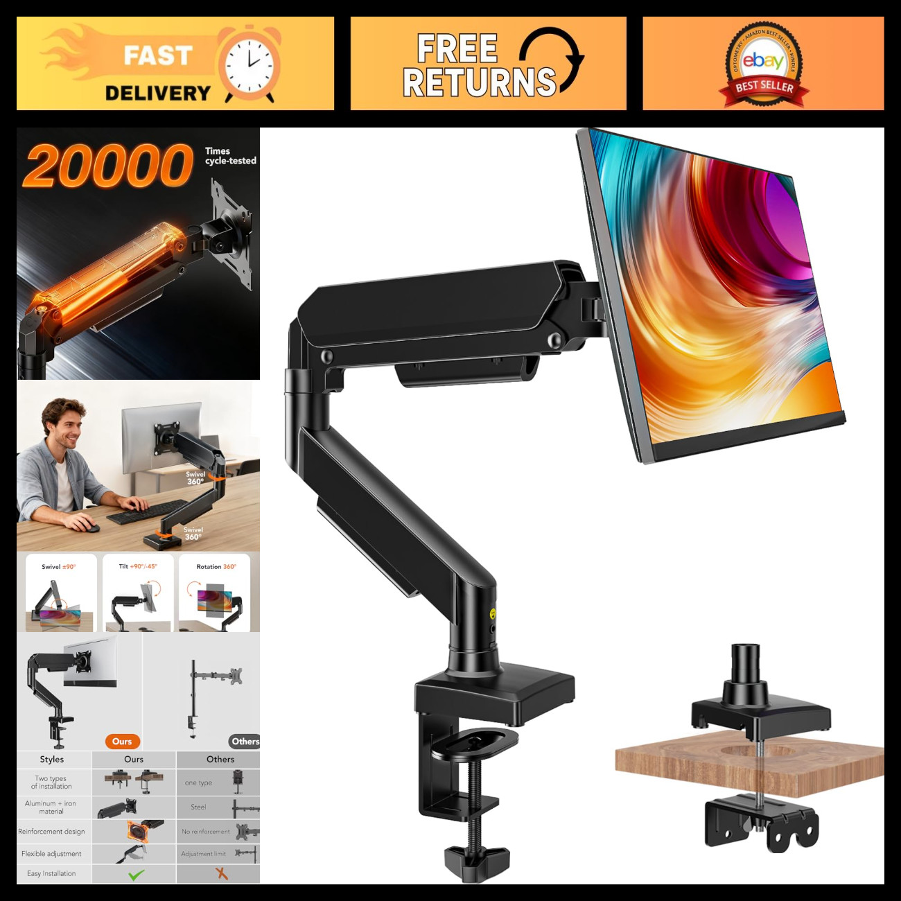 Adjustable Gas Spring Monitor Mount for 17-32" Screens, VESA Clamp & Grommet Bas