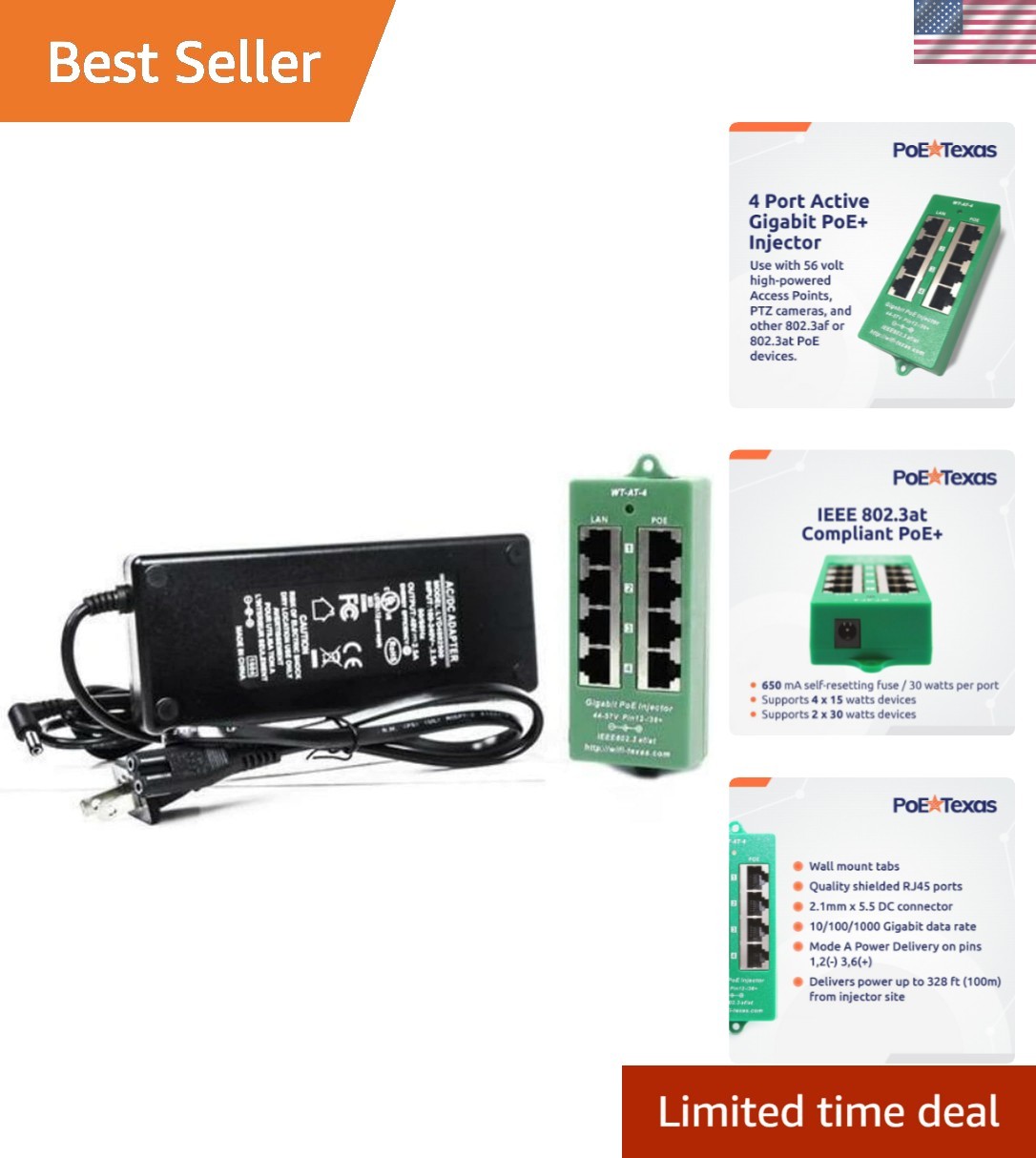 56V 60W PoE+ Injector: 4-Port Power Solution for High-Performance Devices