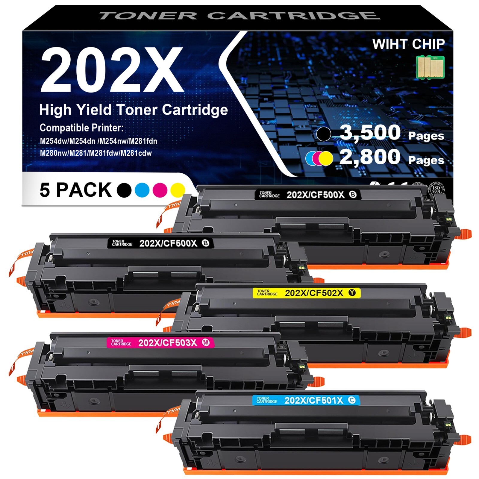 5PK CF500X 202X Toner for HP 202A Color LaserJet Pro M254dw M281cdw M281fdw MFP