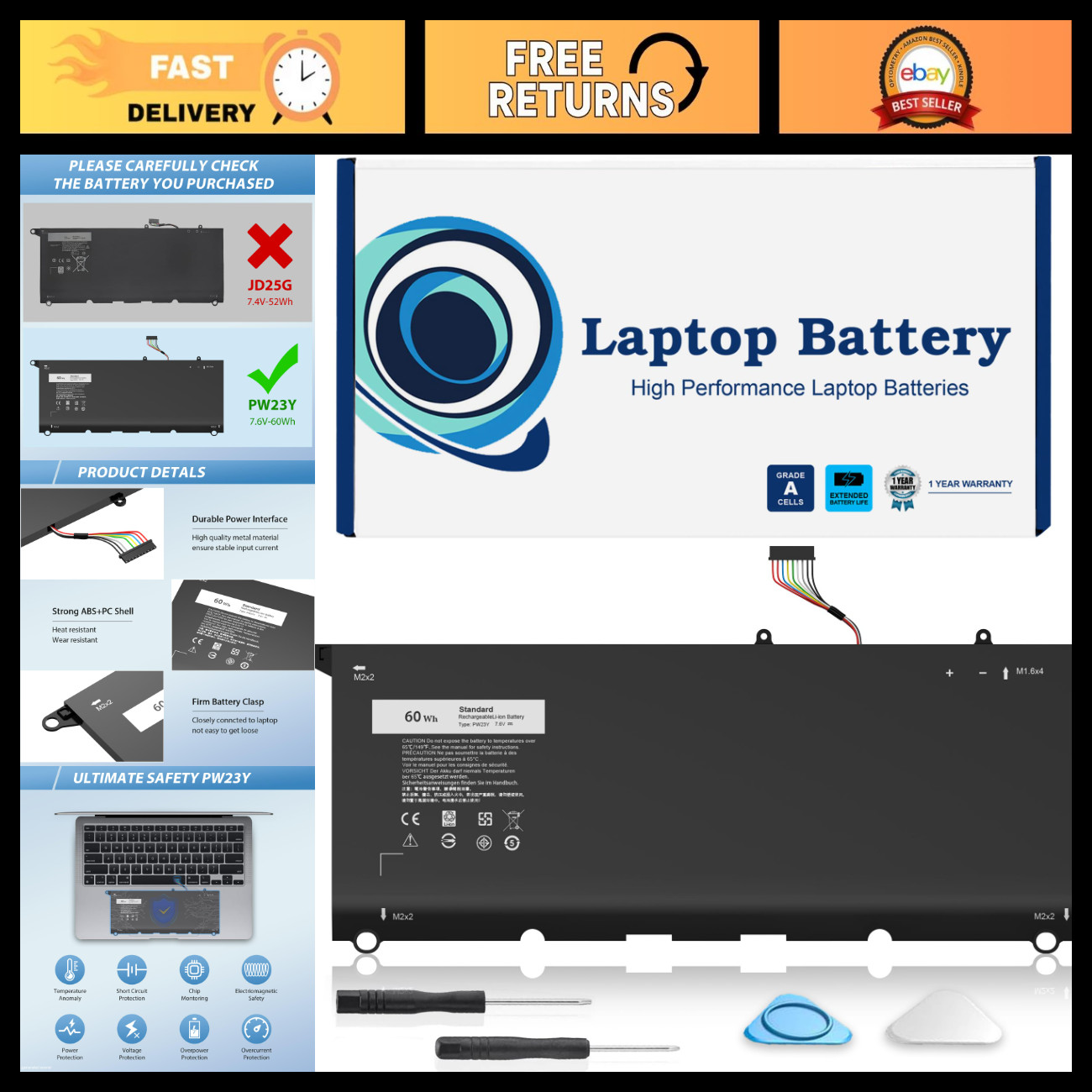 60Wh Laptop Battery Replacement for XPS 13 9360, PW23Y, High Capacity, Durable