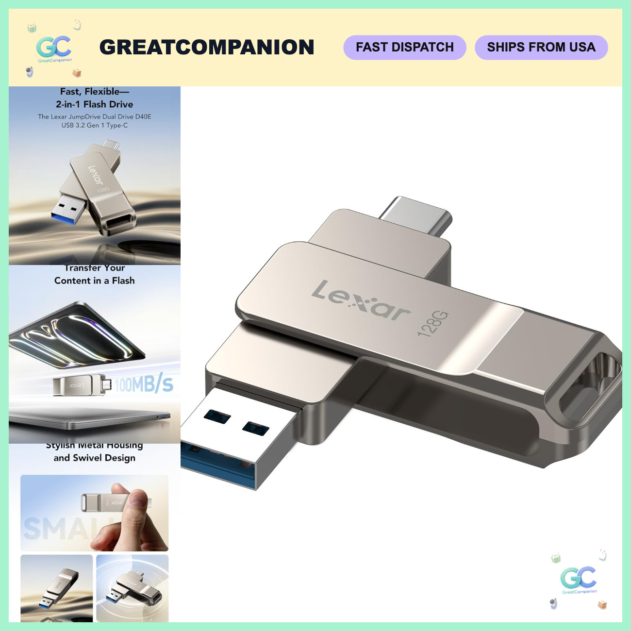 128GB Dual USB 3.2 Type-C Flash Drive, High-Speed Portable Storage, Champagne Si