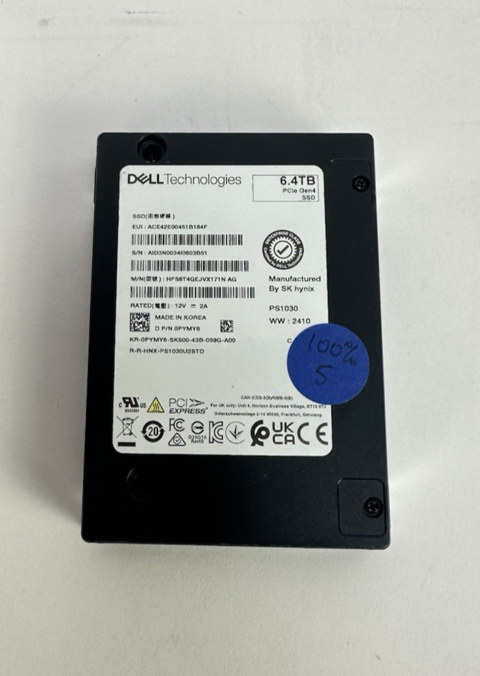 DellEMC 6.4TB PCIe Gen4 NVMe U.2 Mixed Use 2.5" SSD 0PYMY6 SFF 2.5 PCIe4 Dell