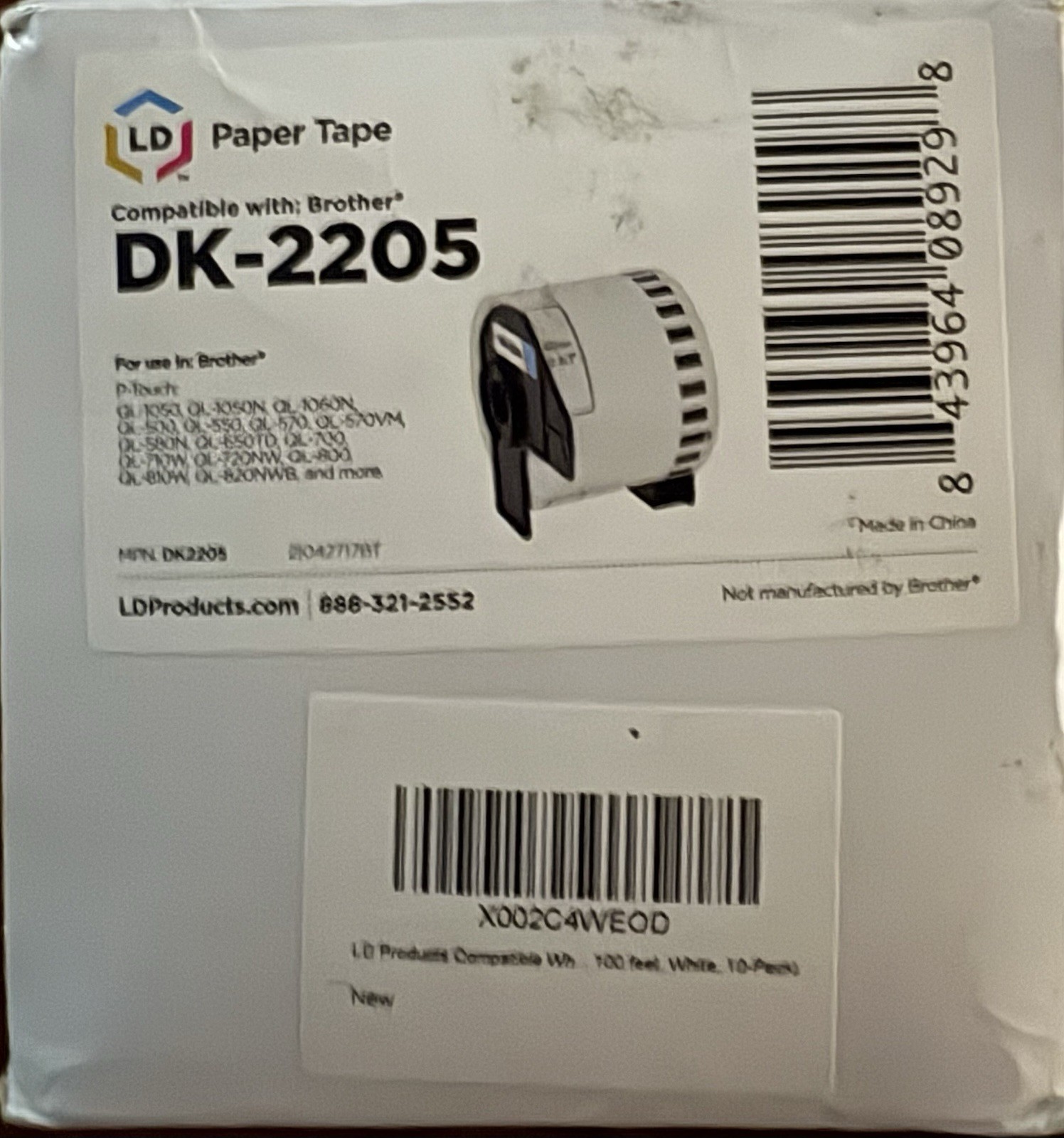 White Tape Replacement for Brother DK-2205 (2.4 inch x 100 feet, White)