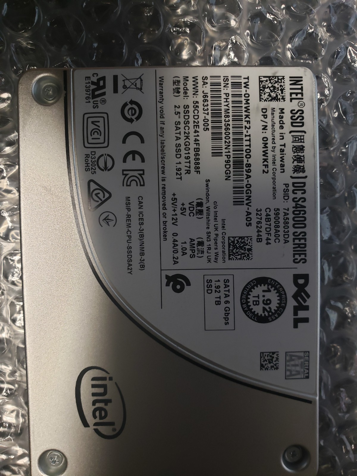 0MWKF  MWKF2 Dell Intel DC S4600 1.92TB 6Gb/s SATA 2.5'' SSD SSDSC2KG019T7R
