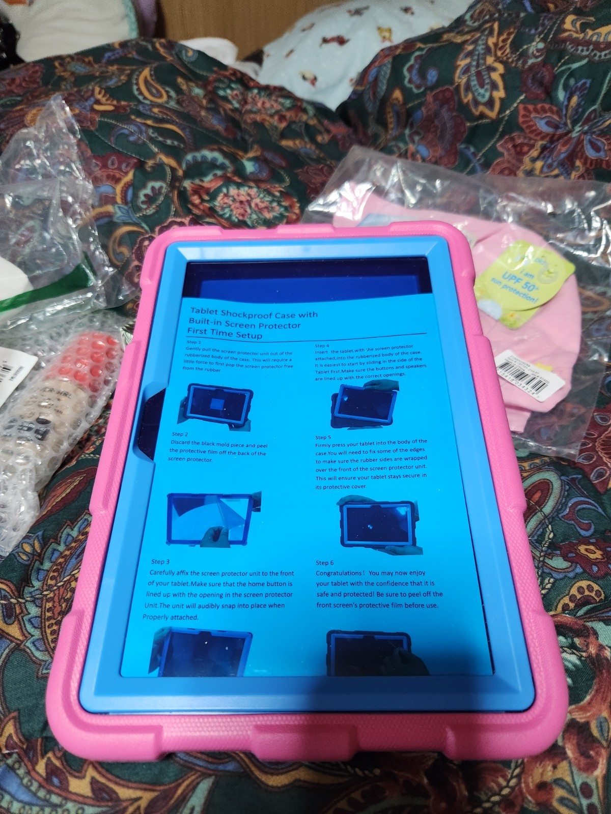 Rugged Tablet Case Pink Blue Rotating Handle Stand Built-in Screen Protector