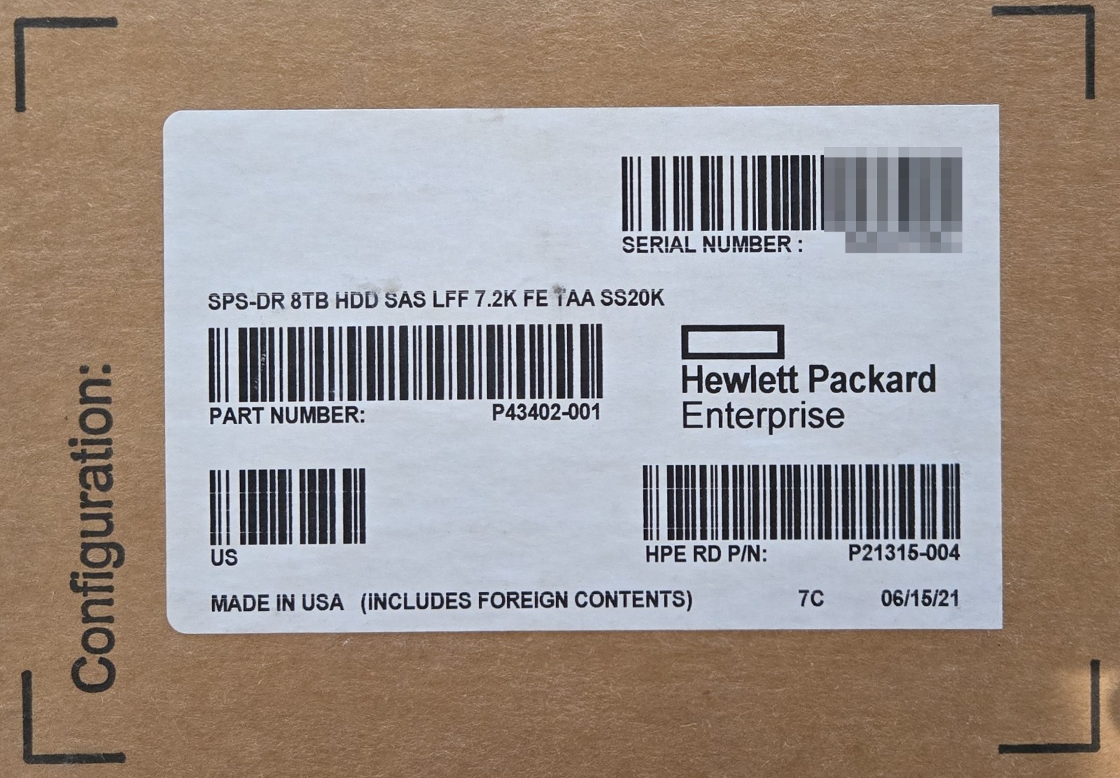 NEW HPE 3PAR StoreServ 20000 8TB 12G SAS LFF FE TAA Hard Drive P43402-001