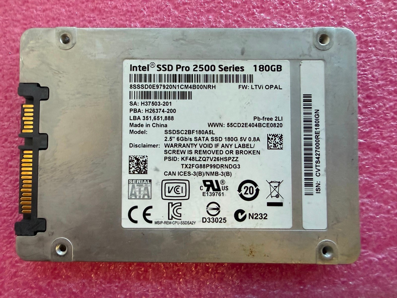 Intel SSD Pro 2500 Series 180GB 2.5" SATA 6Gb/s SSDSC2BF180A5L 00JT001
