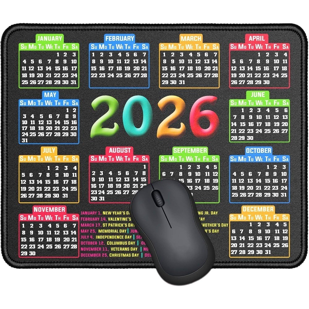 Mouse Pad, 2026 Calendar Black Stitched Edge, Non-Slip Rubber Base, 9.6x7.9x0.1