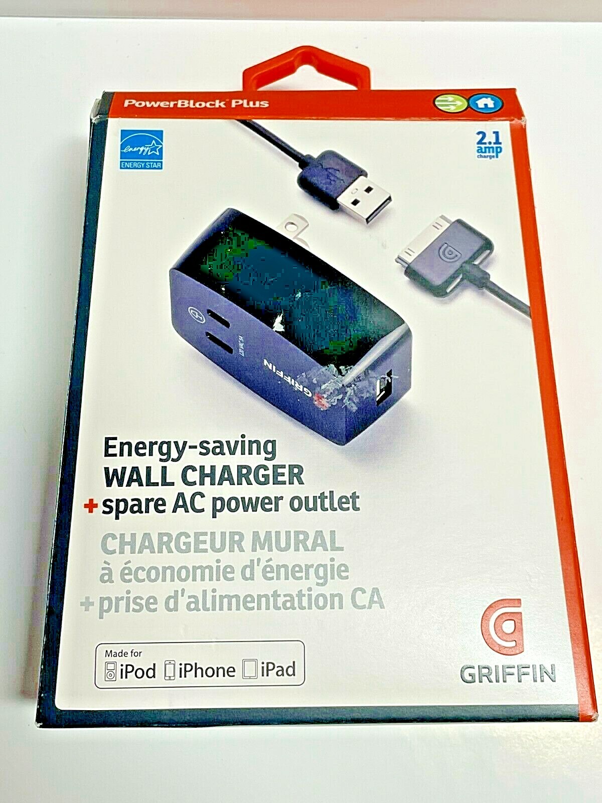 Griffin PowerBlock Plus Wall Charger w/ 30Pin Cable for iPod Classic iPhone 4 4S