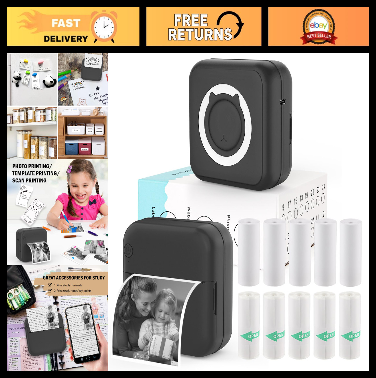 Portable Mini Photo Printer - Pocket Sticker Printer for iPhone, 10 Rolls Therma