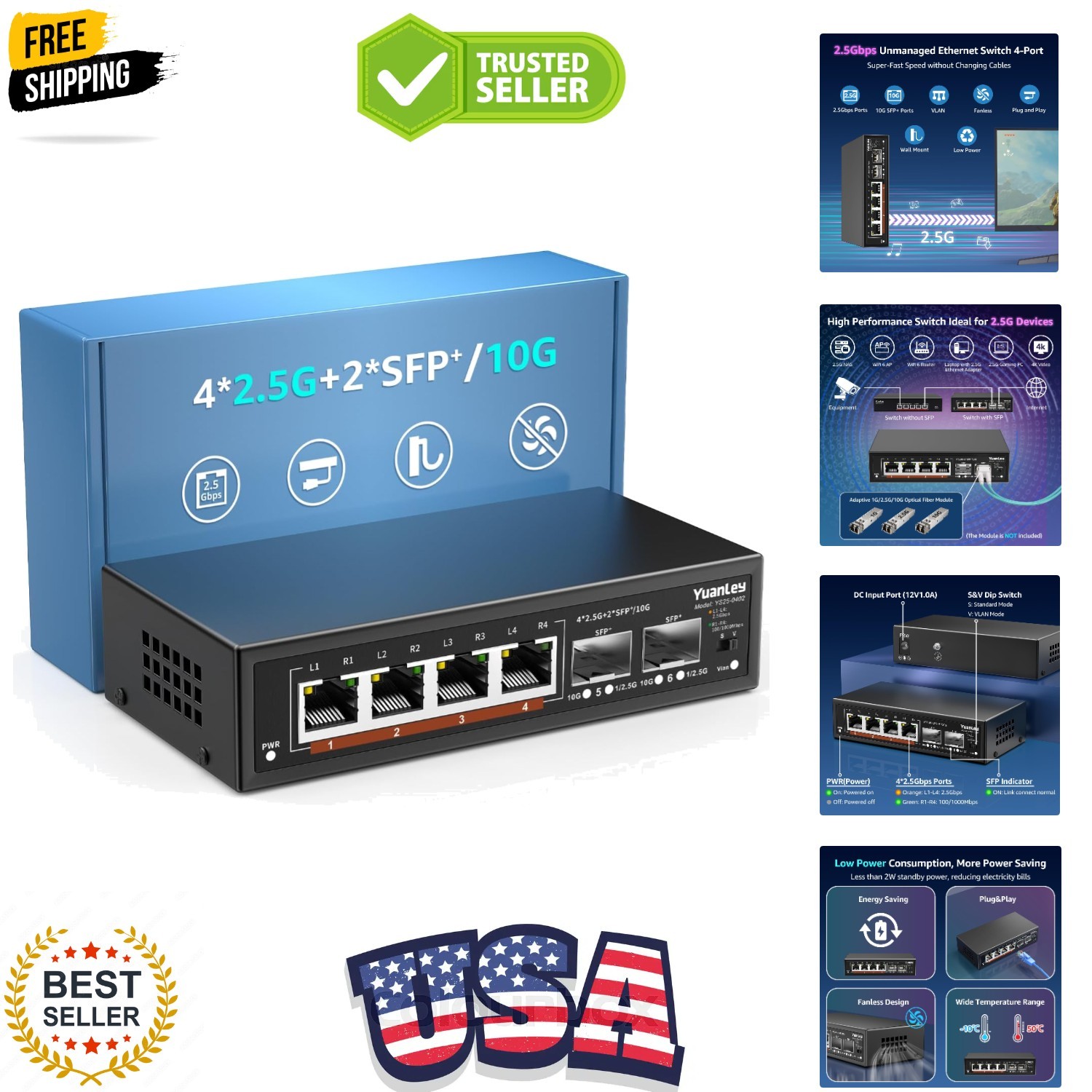 6 Port 2.5G Unmanaged Ethernet Switch, 4 x 2.5G Base-T Ports, 2 x 10G SFP, Co...