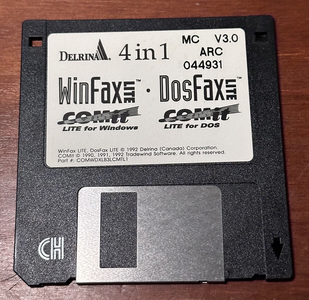 1992 Delrina 4 In 1 Winfax Lite (Win) Dosfax Lite (DOS) 3.5” Floppy Disk Vintage