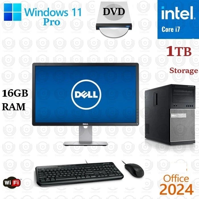 Windows 11 Dell i7 3.4 ghz 16GB 1TB 22" LCD WiFi Desktop Computer PC Office 2024