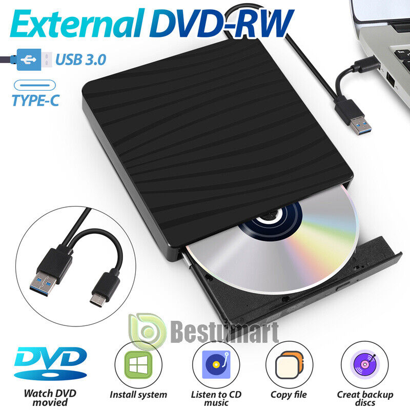 External CD DVD Drive for PC Laptop Windows 11 10 USB 3.0 Player Reader Writer