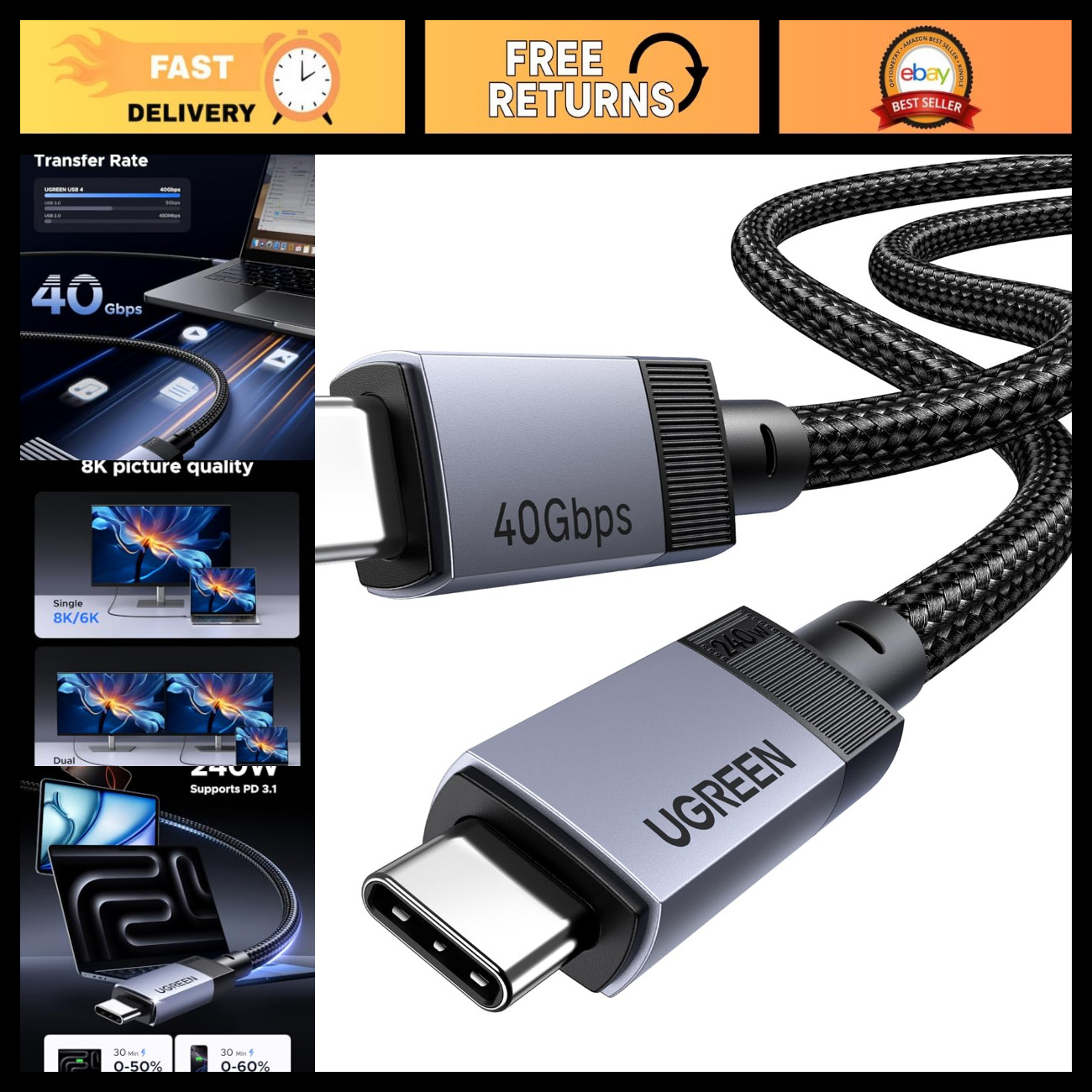 240W Active USB C Cable for Thunderbolt 4/3, USB4 40Gbps, 6.6ft Fast Charging